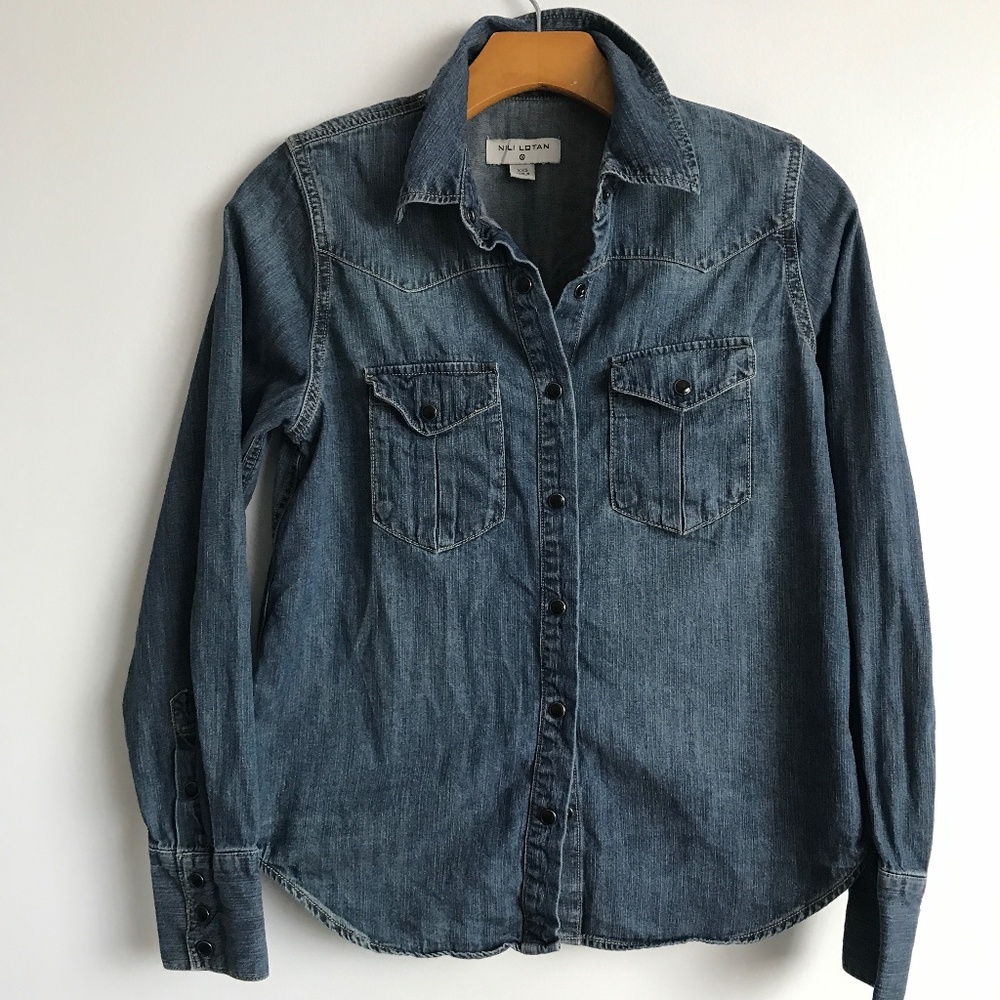 NILI LOTAN WOMENS SHIRT BLUE DENIM LONG SLEEVE BUTTON 2XS